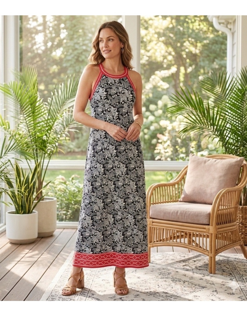Max Studio Maxi Dress Women Large Navy‎ Blue Red Floral Halter Neck Stretchy